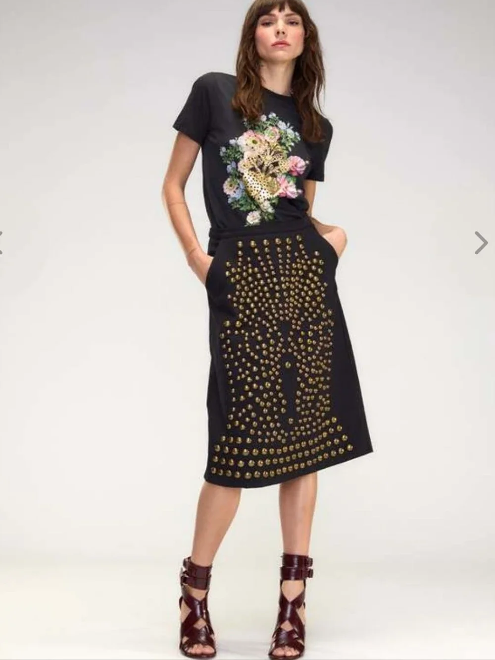 Cynthia Rowley Skirt, Size 6, Black Denim, Brass Stud Embellished
